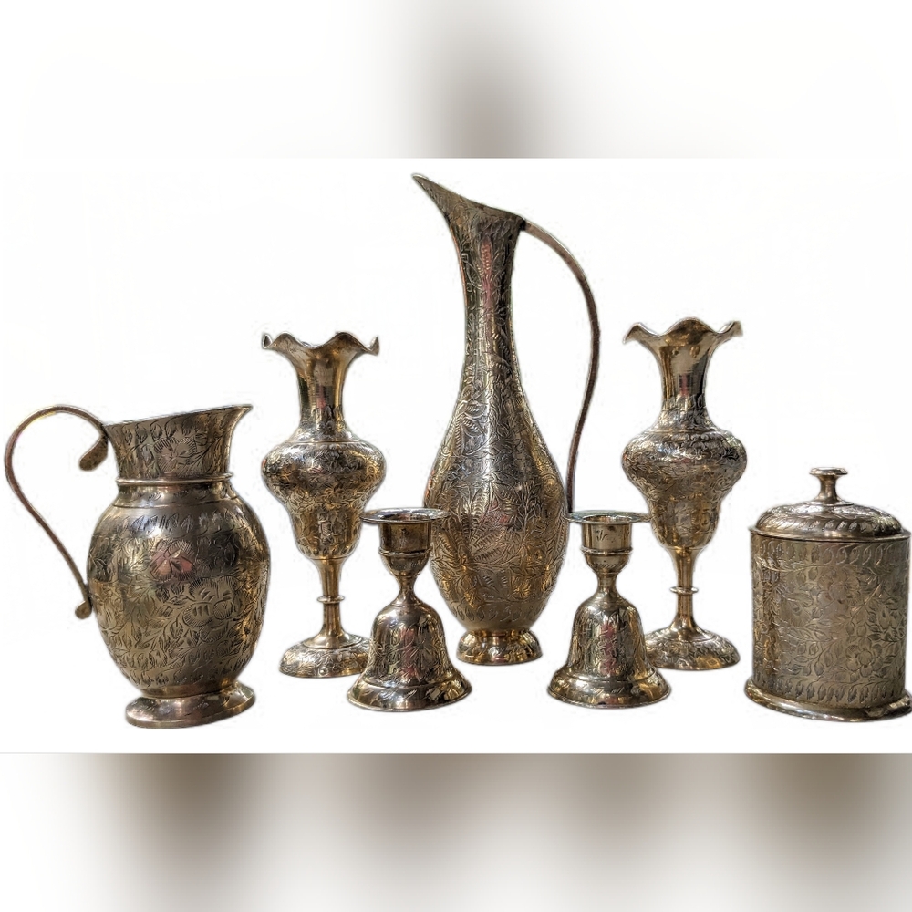7 Piece Vintage Etched Brass Set by ZY India- Incredible Find! See Description